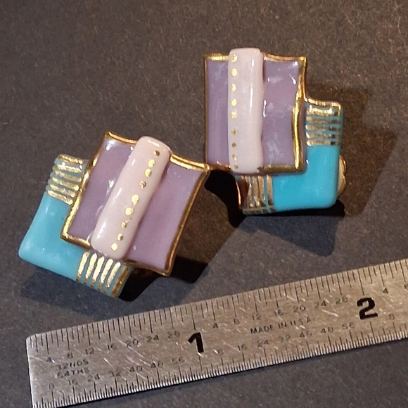 * Vintage 80s Look Pink & Turquoise Glass Clip On Earrings - Picture 2 of 4